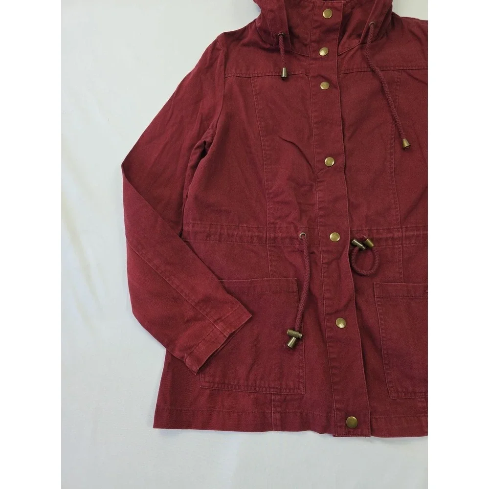 Forever 21 Burgundy Utility Jacket Womens Medium Hooded Anorak Cinch Waist Faded